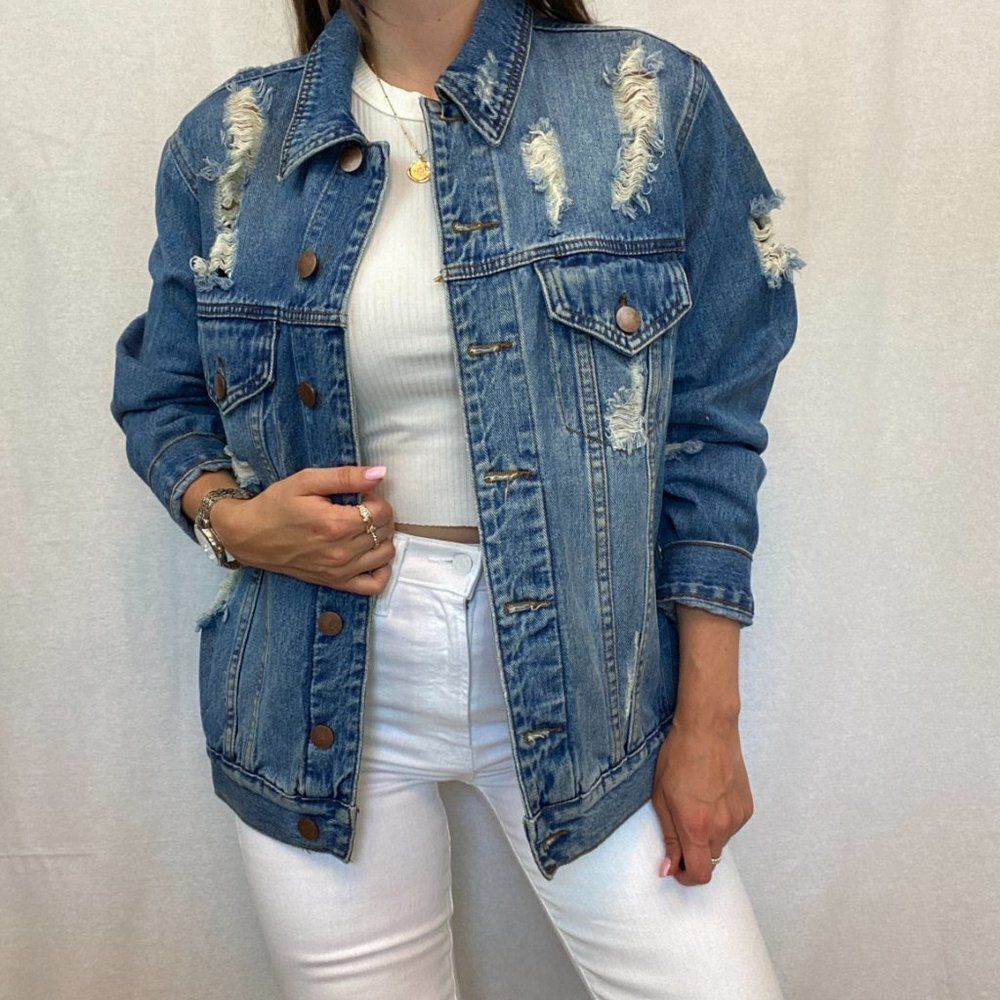 Tobi Oversized Distressed Blue Denim Jean Jacket - Picture 4 of 12